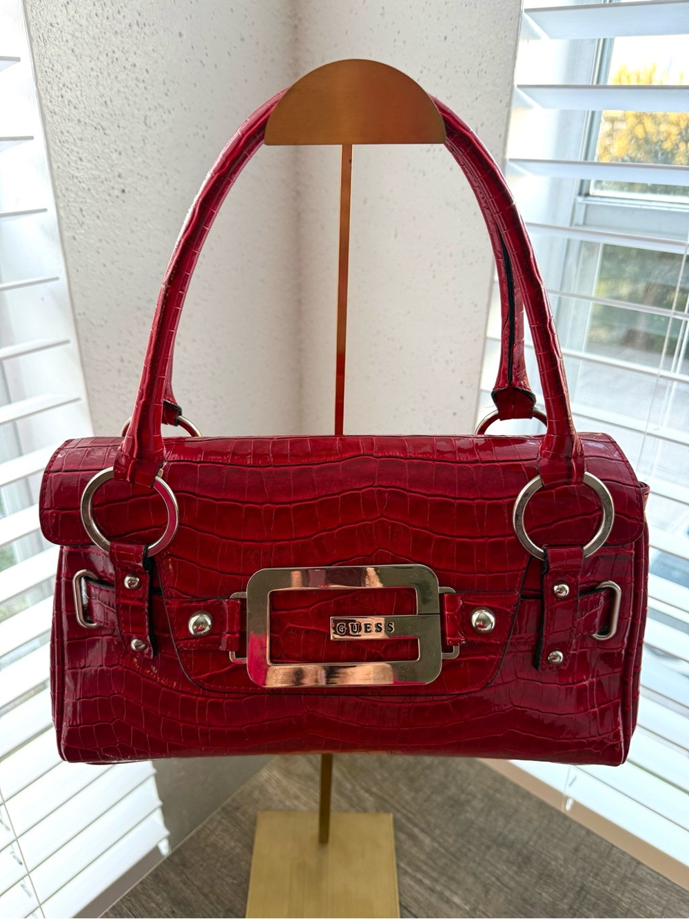 GUESS Red Croc-Embossed Satchel with Silver Hardware